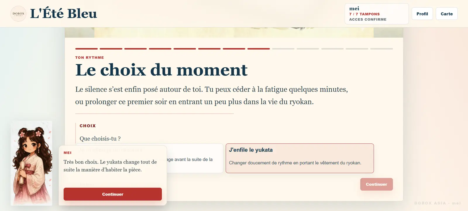 Choix interactif avec Mei dans L’Été Bleu